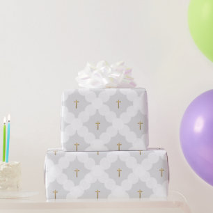 Papel De Regalo Faux oro cruz blanco círculo patrón baptismo Gris