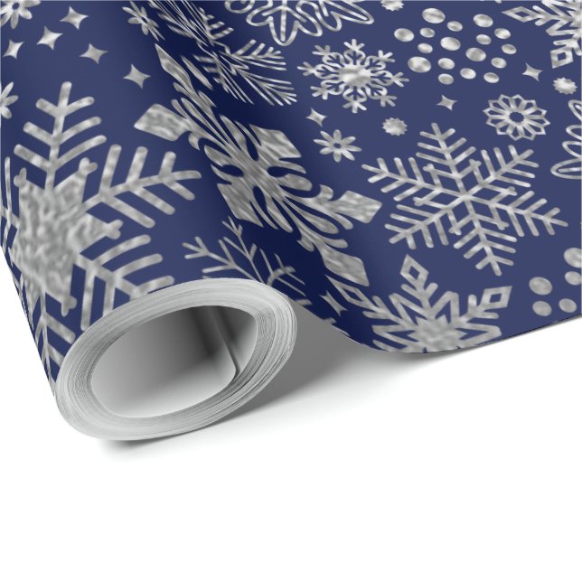Papel De Regalo Faux Relieve metalizado plateado Copos de nieve pa (Esquina del rollo)