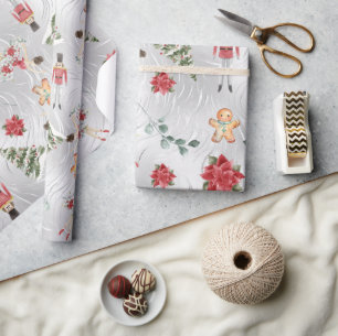 Papel De Regalo Faux Relieve metalizado plateado Nutcracker y Frie