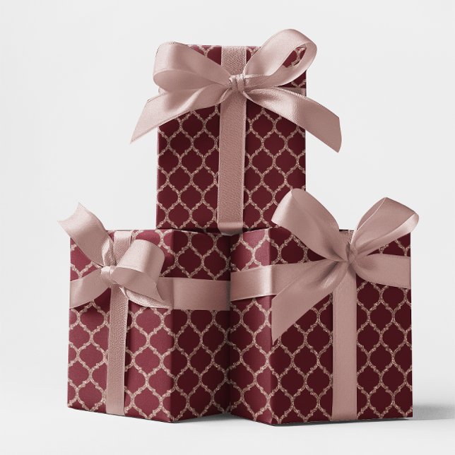 Papel De Regalo Faux Rosa Gold Purpurina y Burgundy Quatrefoil (Faux Rose Gold Glitter and Burgundy Quatrefoil Wrapping Paper)