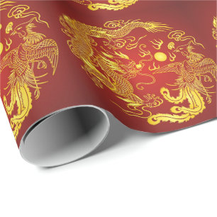 Papel De Regalo Favor de Boda Chino Dragón Fénix Rojo Dorado