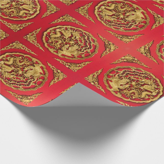 Papel De Regalo Favor de Boda Dragón Fénix Rojo Dorado Chino (Esquina)