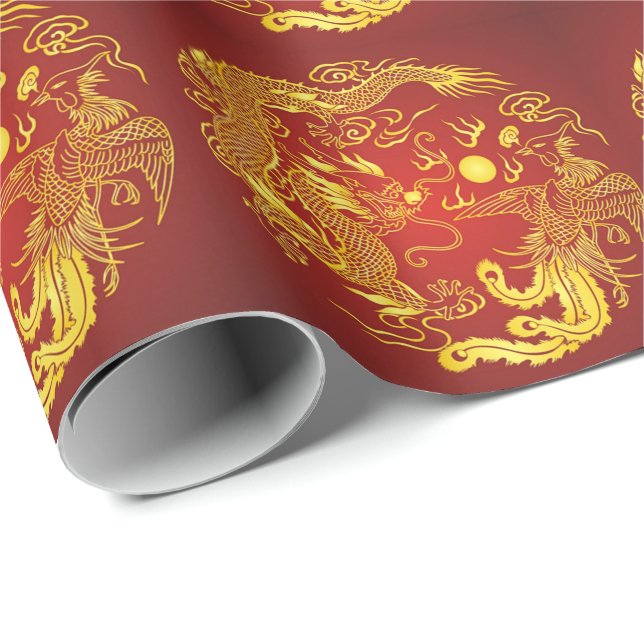 Papel De Regalo Favor de Boda Dragón Fénix Rojo y Dorado Chino (Esquina del rollo)