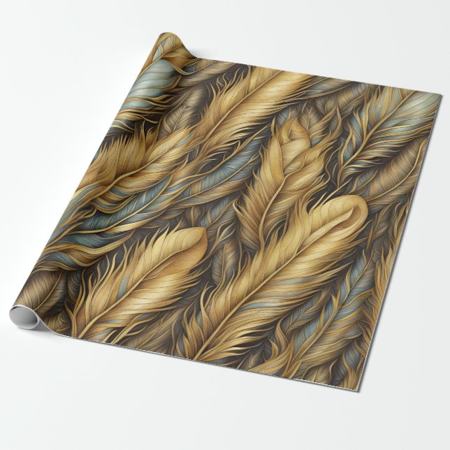 Papel De Regalo Feathers Golden Silver Art (Desenrollado)
