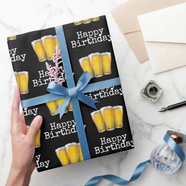 Papel De Regalo Felices Cervezas De Cumpleaños En Negro (Regalar)