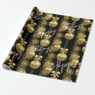 Papel de Regalo Felices Fiestas Bolas Doradas Negr