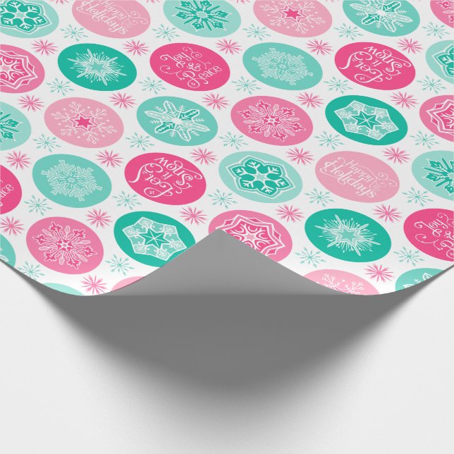 Papel De Regalo Felices fiestas, copos de nieve Verde azulados ros (Esquina)