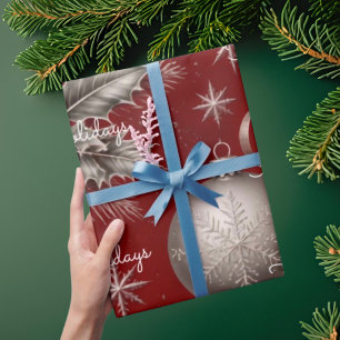 Papel De Regalo Felices Fiestas Cuadros Escarlata Plata Navidad