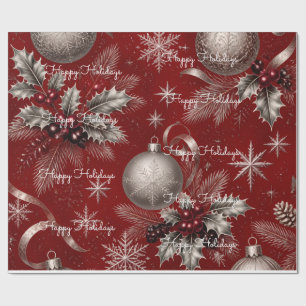 Papel De Regalo Felices Fiestas Cuadros Escarlata Plata Navidad