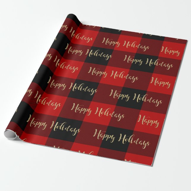 Papel De Regalo Felices Fiestas Guión Dorado Plaid Rojo Búfalo (Desenrollado)