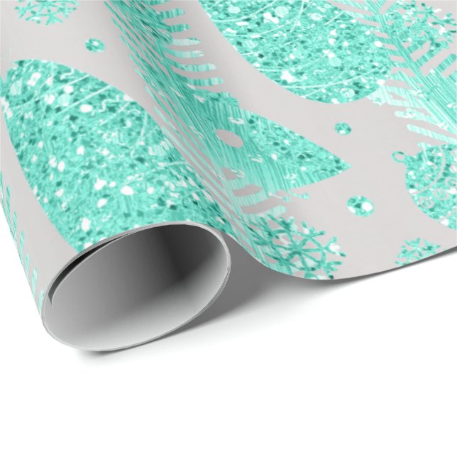 Papel De Regalo Felices Fiestas Mint Purpurina Balls Aves (Esquina del rollo)