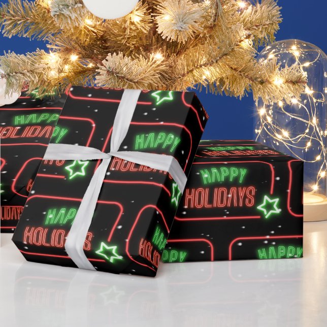 Papel De Regalo Felices fiestas Neon Rótulo Snowflakes (Vacaciones)