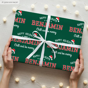 Papel De Regalo Felices Fiestas Nombre Navidades Santa Hat Green R