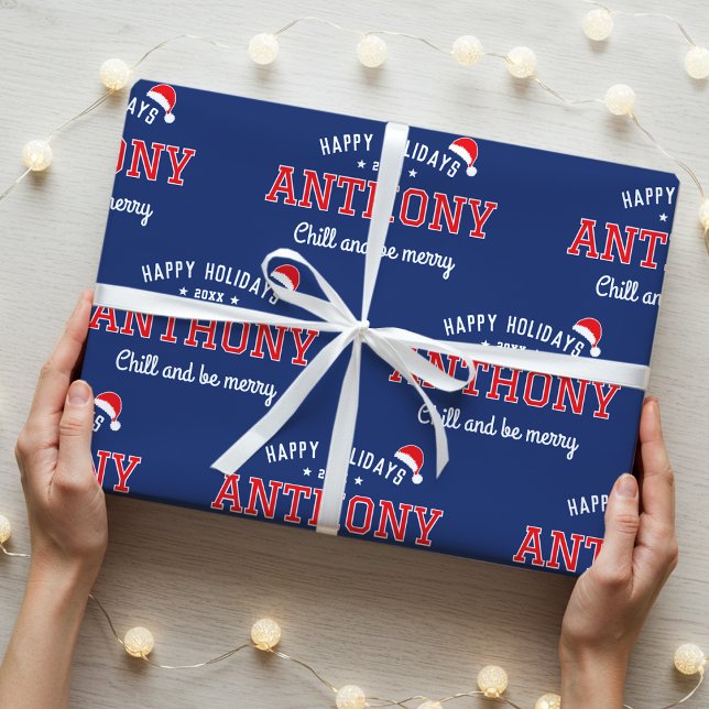 Papel De Regalo Felices Fiestas Nombre Navidades Santa Hat Navy Re (Subido por el creador)