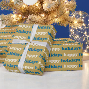Papel De Regalo Felices Fiestas Patrón de Texto Azul y Dorado Ad