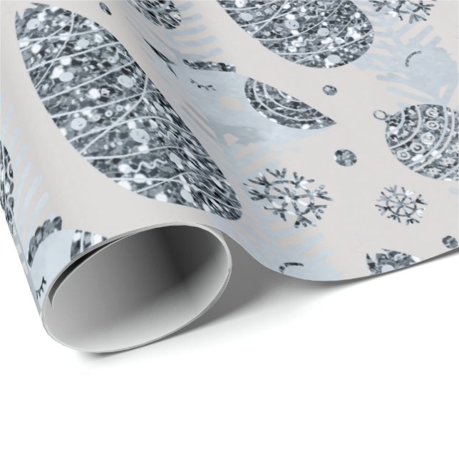 Papel De Regalo Felices fiestas Purpurinas Blue Silver Navidad (Esquina del rollo)