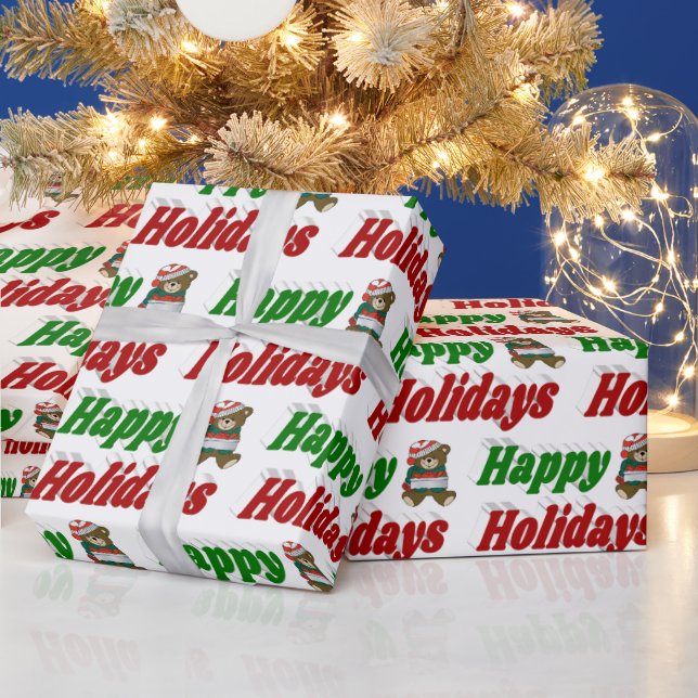 Papel De Regalo Felices fiestas Teddy Bear Navidad tipografía (Vacaciones)