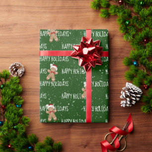 Papel De Regalo FELICES FIESTAS Texto con hombre de jengibre  