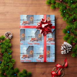 Papel De Regalo Felices Fiestas Tractor Rojo de Granja en la Nieve