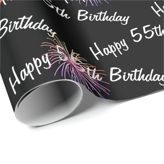 Papel De Regalo Felices fuegos artificiales de 55 años en negro (Esquina del rollo)