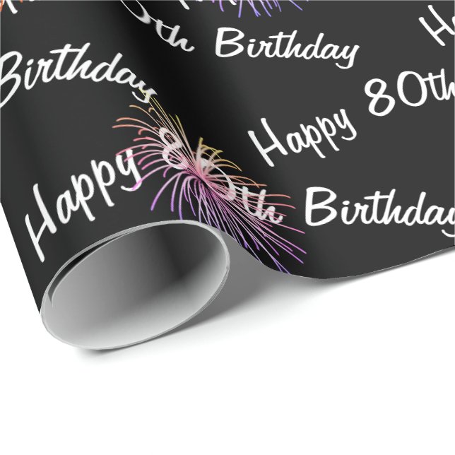 Papel De Regalo Felices fuegos artificiales de 80 años en negro (Esquina del rollo)