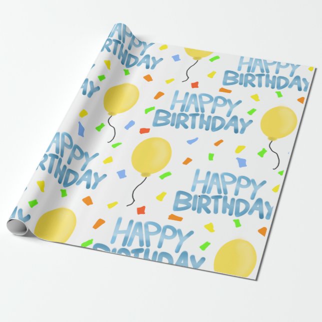 Papel De Regalo Felices globos de cumpleaños y Confetti (Desenrollado)