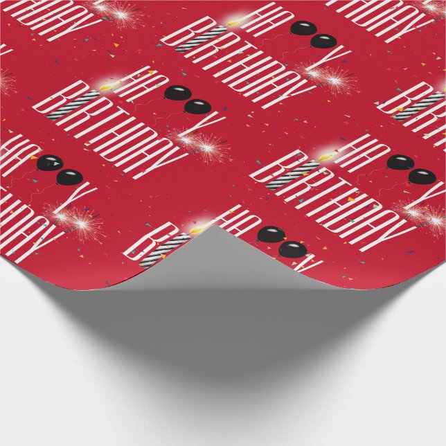 Papel De Regalo Felices globos de cumpleaños y confetti en rojo (Esquina)