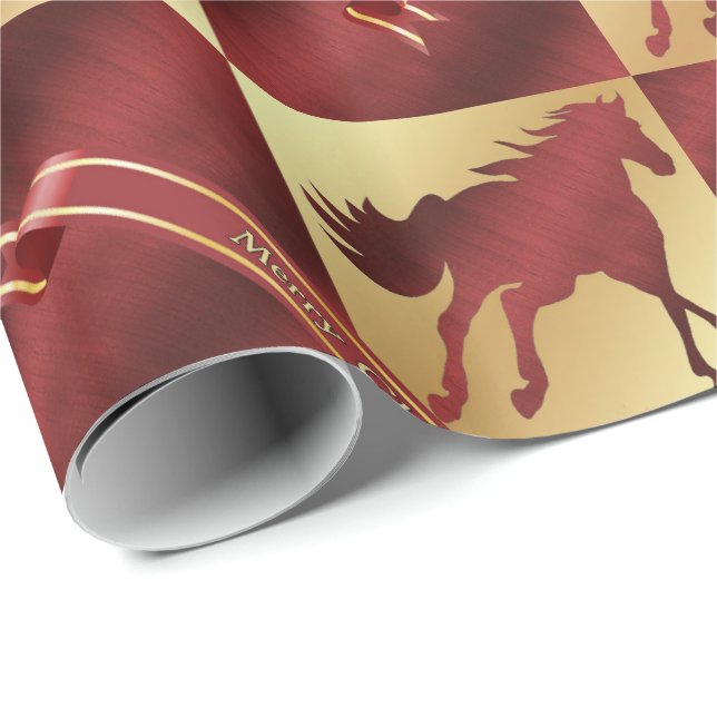 Papel De Regalo Felices Navidad LG del caballo del oro y del vino. (Esquina del rollo)