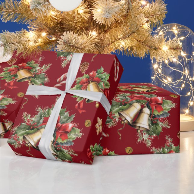 Papel De Regalo Felices Navidades Bells Holly Berries Pinecones Ro (Vacaciones)