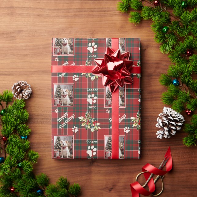 Papel De Regalo Felices Pawlidays Dog Red Green Plaid Navidades (Regalo de vacaciones)