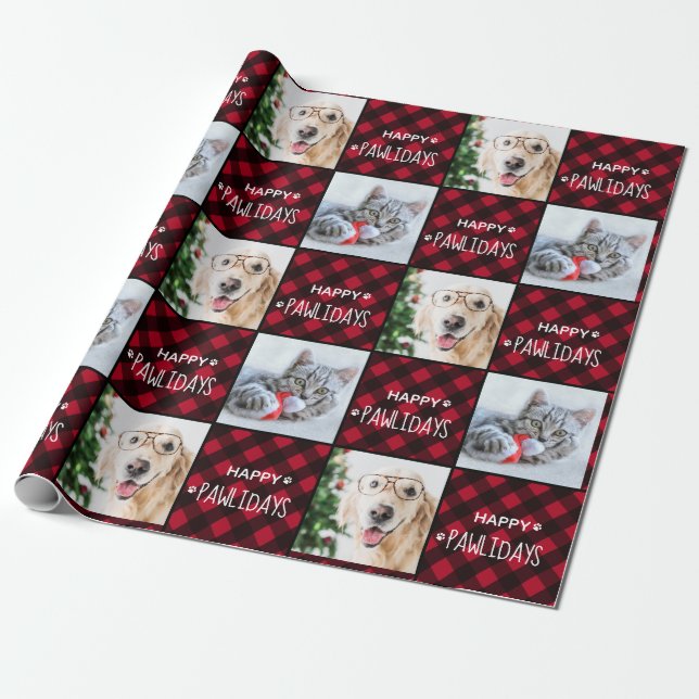 Papel De Regalo Felices Pawlidays Red Buffalo Plaid Personalizado  (Desenrollado)