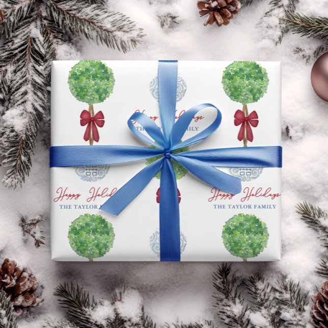 Papel De Regalo Felices vacaciones Navidades Boxwood Topiary Red B (Topiary with red bow in chinoiserie planter Christmas wrapping paper with personalized text)