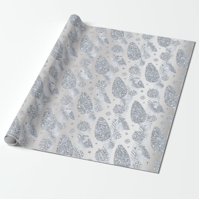 Papel De Regalo Felices vacaciones Purpurina Gris Plata Pájaro de  (Desenrollado)