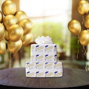 Papel De Regalo Felicitaciones Año Grad Monograma Oro Azul