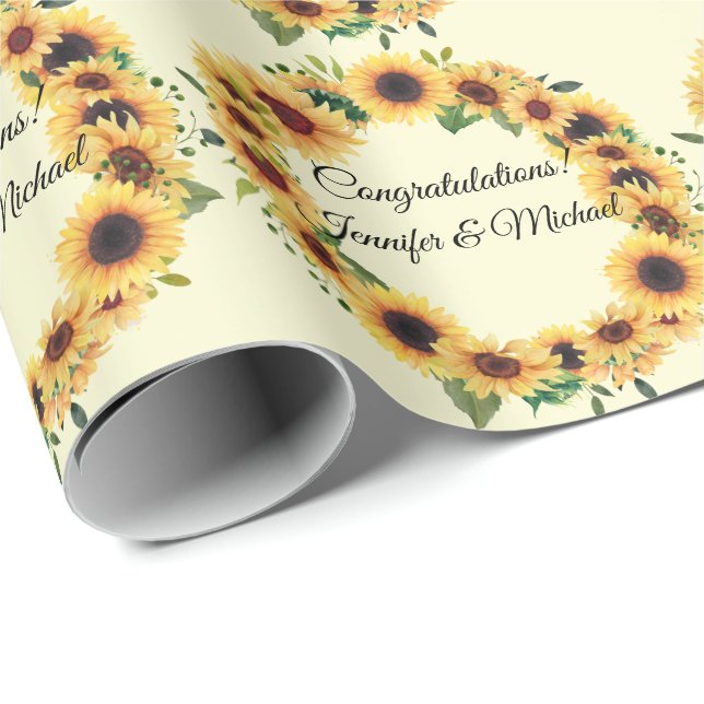 Papel De Regalo Felicitaciones de boda de girasoles Agregar nombre (Esquina del rollo)