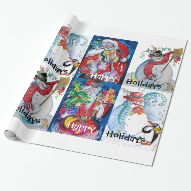 PAPEL DE REGALO FELICITACIONES DE NAVIDADES DE SANTA Y SNOWMEN (Desenrollado)