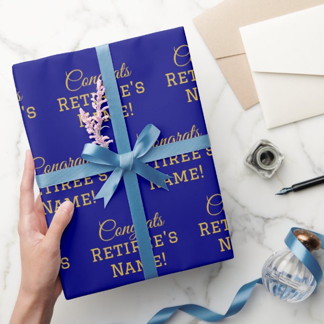 Papel De Regalo ¡Felicitaciones personalizadas Retiree! Oro en azu (Regalar)