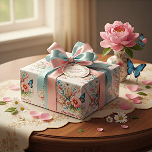 Papel De Regalo Feliciz día de la madre floral rosa y azul