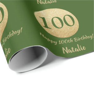 Papel De Regalo Feliz 100 aniversario Purpurina Verde y Oro