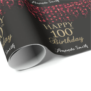 Papel De Regalo Feliz 100 cumpleaños, negro rojo y Purpurina de or