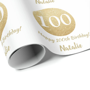 Papel De Regalo Feliz 100 cumpleaños Purpurina de oro y blanco