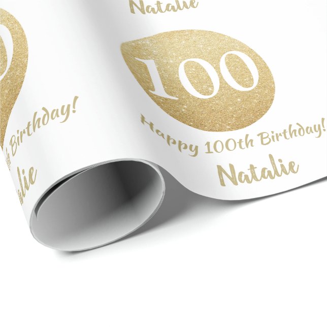 Papel De Regalo Feliz 100 cumpleaños Purpurina de oro y blanco (Esquina del rollo)