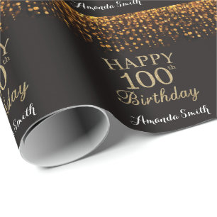 Papel De Regalo Feliz 100 cumpleaños Purpurina negro y oro