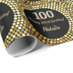 Papel De Regalo Feliz 100 cumpleaños, Purpurina negro y oro