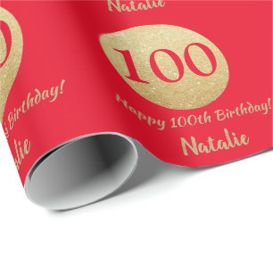 Papel De Regalo Feliz 100 cumpleaños, Purpurina rojo y oro