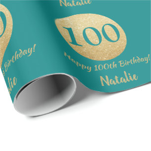 Papel De Regalo Feliz 100 cumpleaños, Verde azulado y Purpurina de