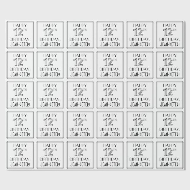 Papel De Regalo FELIZ 12º CUMPLEAÑOS; Estilo Art Deco; Nombre pers (Costura)