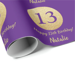 Papel De Regalo Feliz 13.º cumpleaños morado y Purpurina de oro