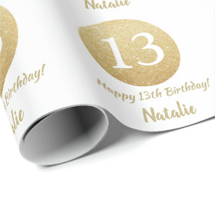 Papel De Regalo Feliz 13° cumpleaños, Purpurina de oro y blanco