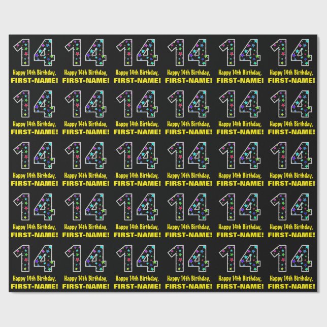 Papel De Regalo Feliz 14 cumpleaños, divertido patrón de estrellas (Superficie plana)